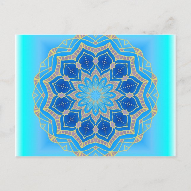 Postal Lotus mandala de color turquesa y azul (Anverso)
