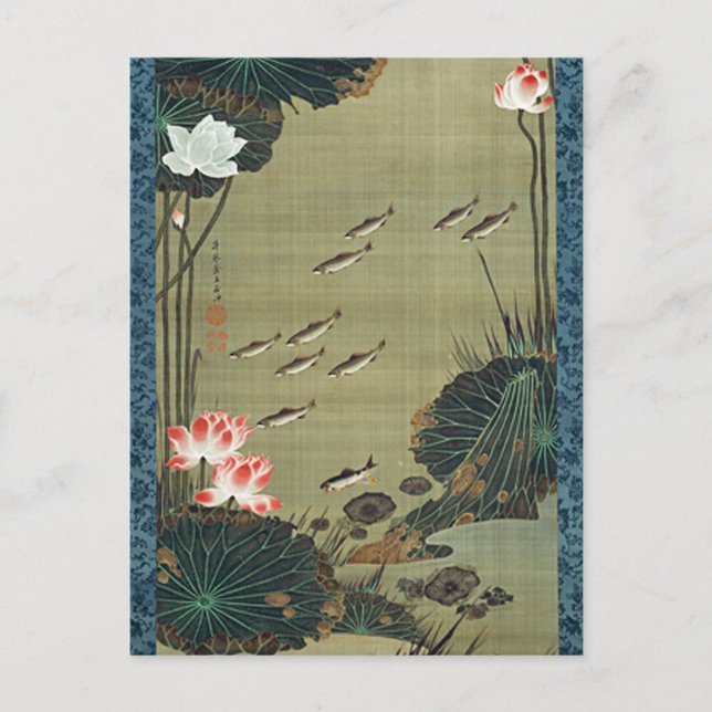 Postal Lotus Pond and Fish Ilustracion de Ito Jakuchu (Anverso)