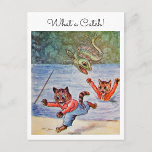 Postal Louis Wain Caricatura Divertida Gatos Pescando Qué