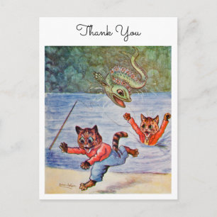 Postal Louis Wain divertido dibujo animado gatos pescando