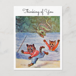 Postal Louis Wain Gatos Divertidos de Pesca Pensando en T