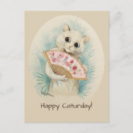 Postal Louis Wain White cat con un fan Happy Caturday
