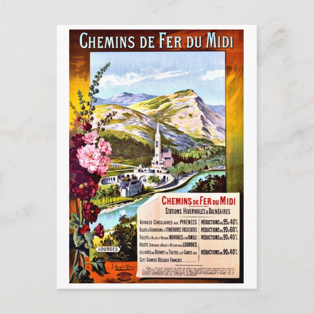 Postal Lourdes, Francia, viaje vintage (Anverso)