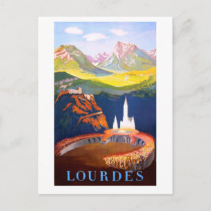 Postal Lourdes, pueblo e iglesia. Pirineos