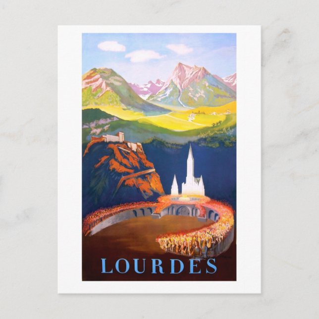 Postal Lourdes, pueblo e iglesia. Pirineos (Anverso)