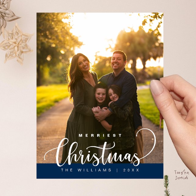 Postal Love and Joy, Merry Christmas Family Photo (Love and Joy, Merry Christmas Family Photo Modern Cute Typography Postcard in Navy Blue)