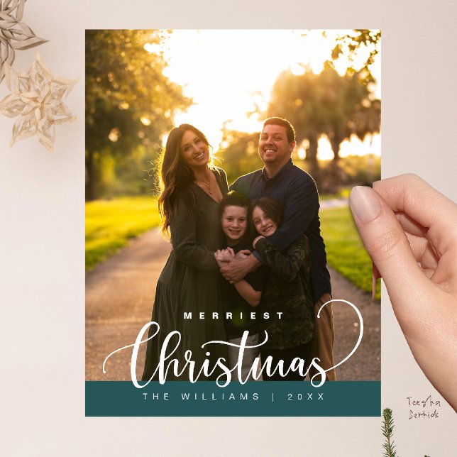 Postal Love and Joy, Merry Christmas Family Photo (Love and Joy, Merry Christmas Family Photo Modern Cute Typography Postcard in Emerald Green)