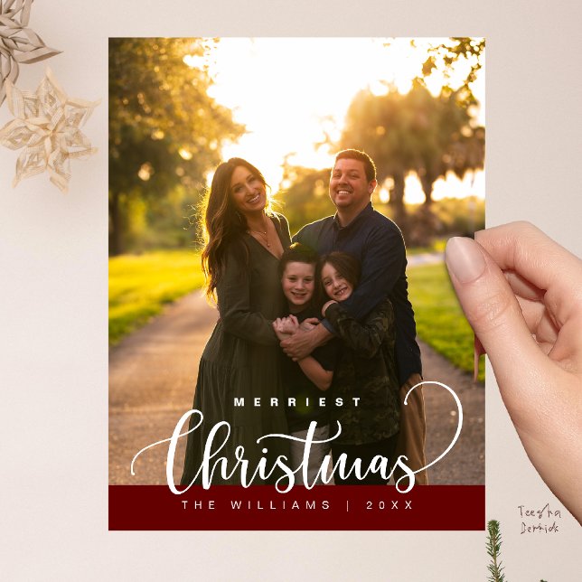Postal Love and Joy, Merry Christmas Family Photo (Love and Joy, Merry Christmas Family Photo Modern Cute Typography Postcard in Burgundy Wine Deep Red)
