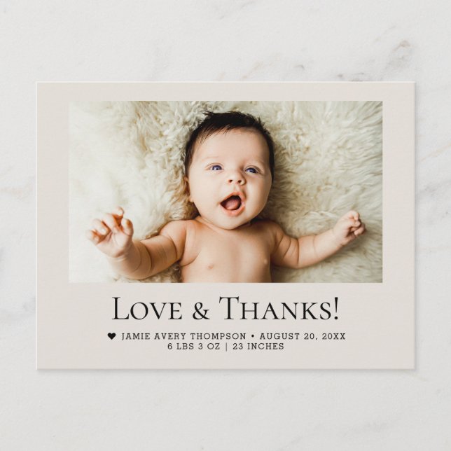 Postal Love and Thanks Baby Photo Birth Stats Soft Beige (Anverso)