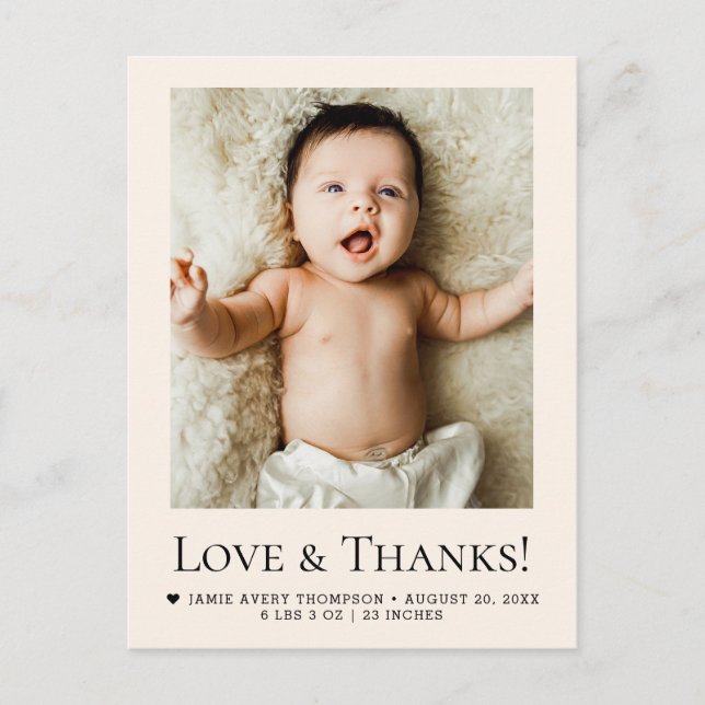 Postal Love and Thanks Beige Baby Photo Birth (Anverso)