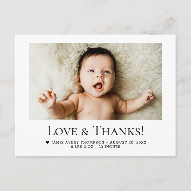 Postal Love and Thanks Horizontal Baby Photo Birth Stats (Anverso)