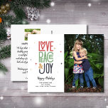 Postal Love Peace Joy Moderna Typography 2 Photo Holiday<br><div class="desc">Envíe sus vacaciones Cheer con esta célebre postal con sus dos fotos y arte de tipografía que lee Love Peace Joy . El reverso ofrece espacio para una nota mecanografiada o borrar para dejar espacio para una nota manuscrita. Divertido y festivo pero simple y moderno - una carta que seguramente...</div>