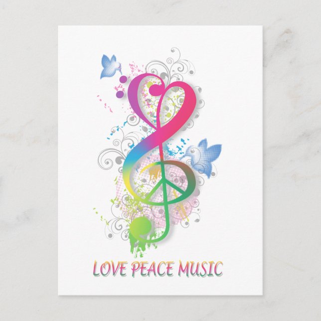 Postal Love Peace Music Splatter swift flores pájaros (Anverso)