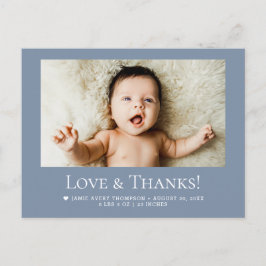 Postal Love & Thanks Dusty blue 1 Baby Photo announcement
