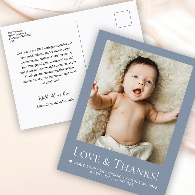 Postal Love & Thanks Dusty blue Baby Photo announcement (Custom baby boy photo dusty blue Love and thanks with birth stats, message, names postcard.)