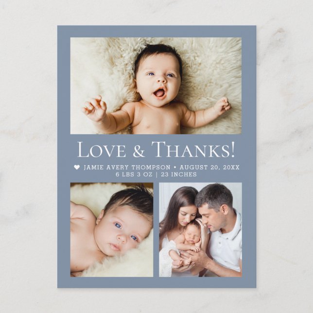 Postal Love & Thanks Dusty blue Baby Photo Collage birth (Anverso)