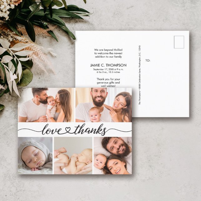 Postal Love & Thanks Multi Photo Baby Birth Announcement  (Subido por el creador)