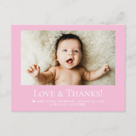 Postal Love & Thanks Pink Baby Photo announcement