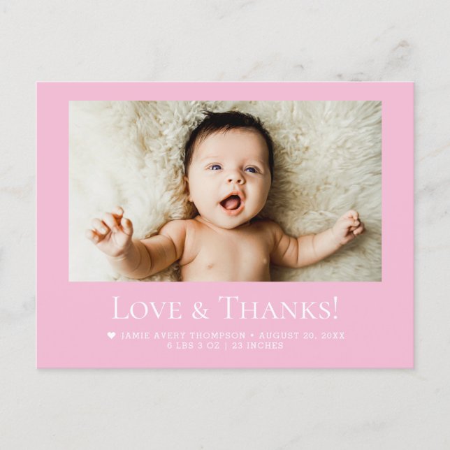 Postal Love & Thanks Pink Baby Photo announcement (Anverso)