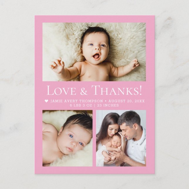 Postal Love & Thanks Pink Baby Photo Collage birth (Anverso)