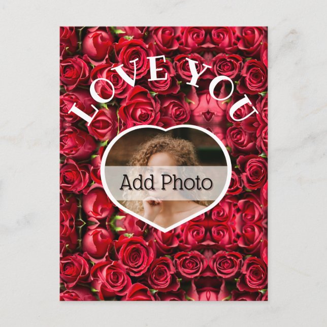 Postal Love You Heart Photo Red Roses Modern Script Cute (Anverso)