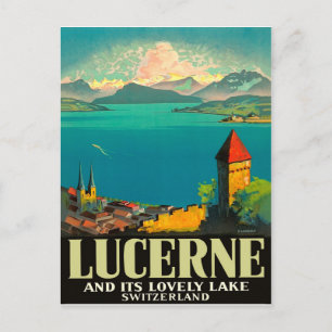 Postal Lucerna, Suiza, vista al lago y montañas