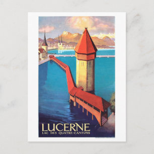 Postal Lucerna, Suiza, vista al lago y una torre,