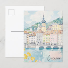 Postal Lucerne Suiza Gouache Ilustracion Travel