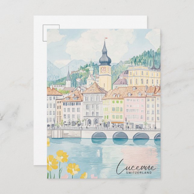Postal Lucerne Suiza Gouache Ilustracion Travel (Anverso / Reverso)