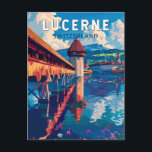Postal Lucerne Suiza Viaje al arte Vintage<br><div class="desc">Diseño de viaje vectorial retro de Lucerna. Lucerne,  una ciudad compacta de Suiza conocida por su conservada arquitectura medieval,  se encuentra en medio de montañas cubiertas de nieve en el lago Lucerne.</div>