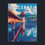 Postal Lucerne Suiza Viaje al arte Vintage<br><div class="desc">Diseño de viaje vectorial retro de Lucerna. Lucerne,  una ciudad compacta de Suiza conocida por su conservada arquitectura medieval,  se encuentra en medio de montañas cubiertas de nieve en el lago Lucerne.</div>
