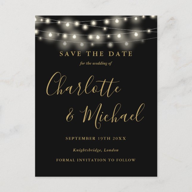 Postal Luces de Cadena Negras y Doradas para Boda Save th (Anverso)
