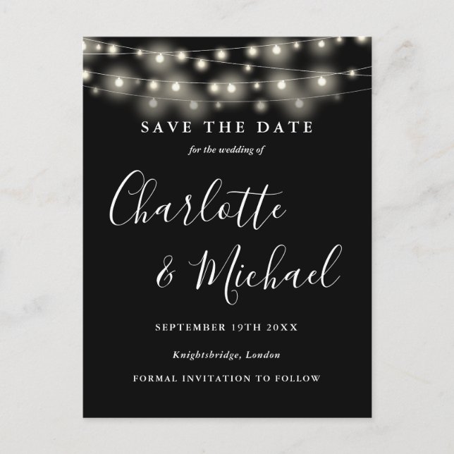 Postal Luces de Cuerda Boda en Blanco y Negro Save the Da (Anverso)