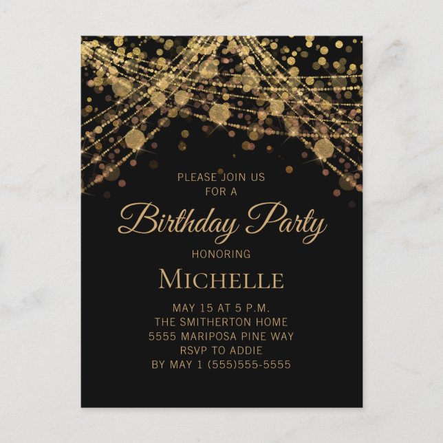 Postal Luces de Cuerda de Oro Negro Cumpleaños de Mujer d (Anverso)
