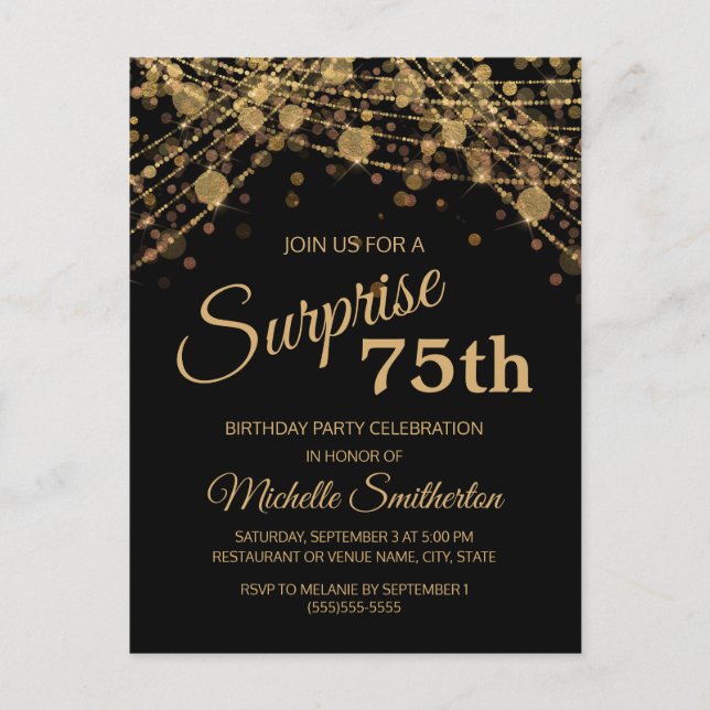 Postal Luces de Cuerda de Oro Negro Sorpresa 75 Cumpleaño (Anverso)