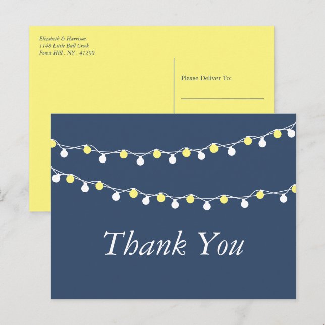 Postal Luces de cuerdas, Boda amarillo y blanco gracias (Anverso / Reverso)