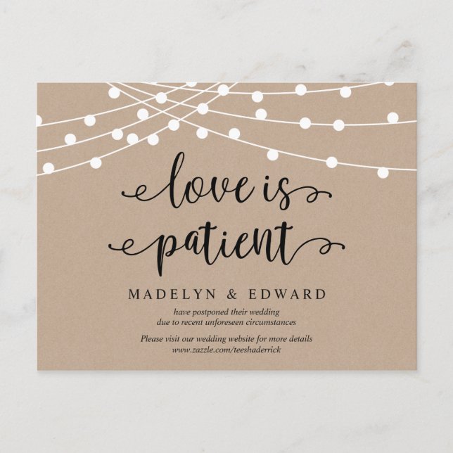 Postal Luces de cuerdas, el amor es paciente, boda pospue (Anverso)