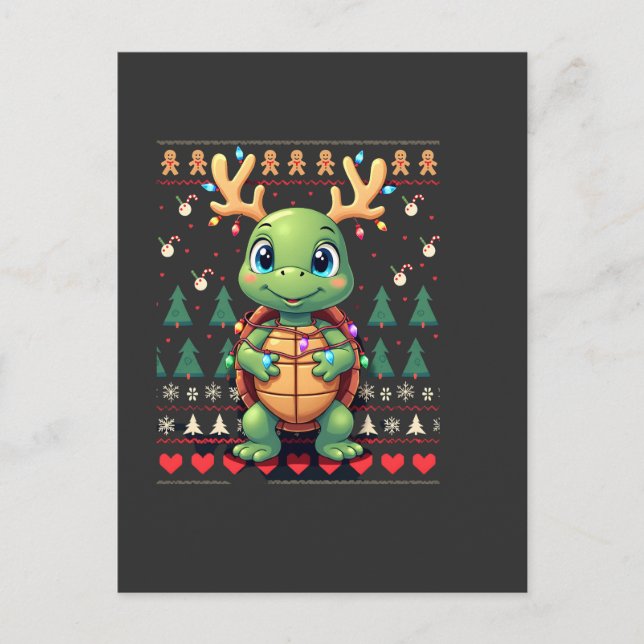 Postal Luces de estilo de suéter feo de Navidad Tortuga N (Anverso)