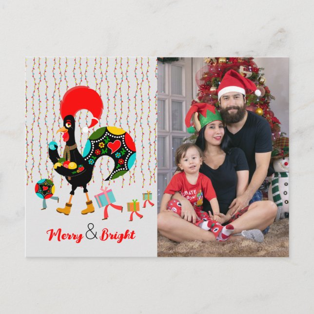 Postal Luces de navidad, baubles, regalos y Rooster (Anverso)