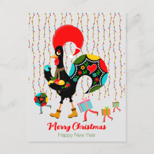 Postal Luces de navidad, baubles, regalos y Rooster