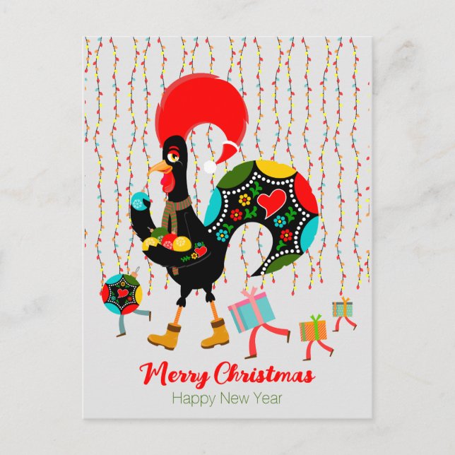 Postal Luces de navidad, baubles, regalos y Rooster (Anverso)