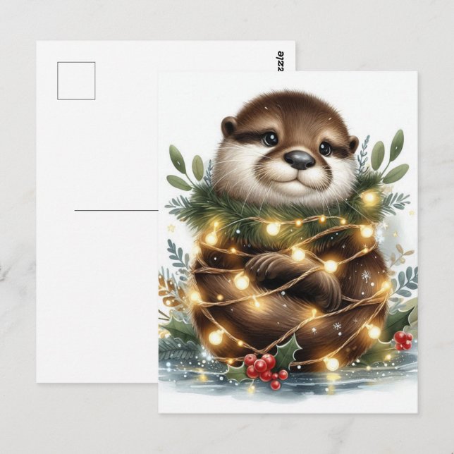 Postal Luces de Navidad de Nutria en Acuarela (Anverso / Reverso)