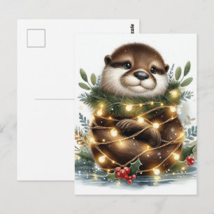 Postal Luces de Navidad de Nutria en Acuarela