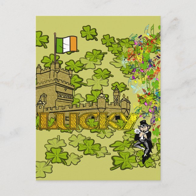 Postal Lucky Leprechaun y su castillo irlandés (Anverso)