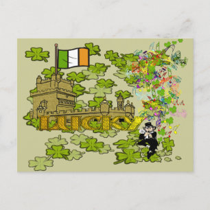 Postal Lucky Leprechaun y su castillo irlandés