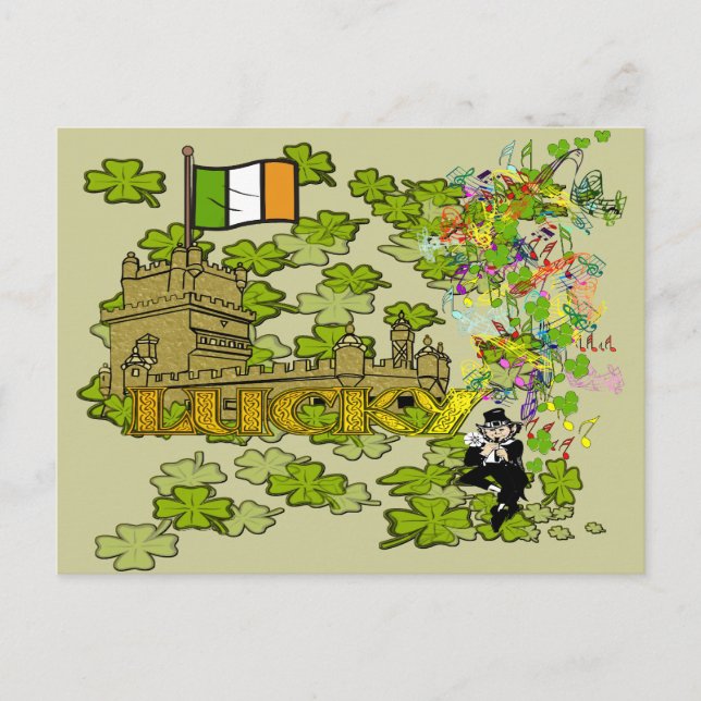 Postal Lucky Leprechaun y su castillo irlandés (Anverso)