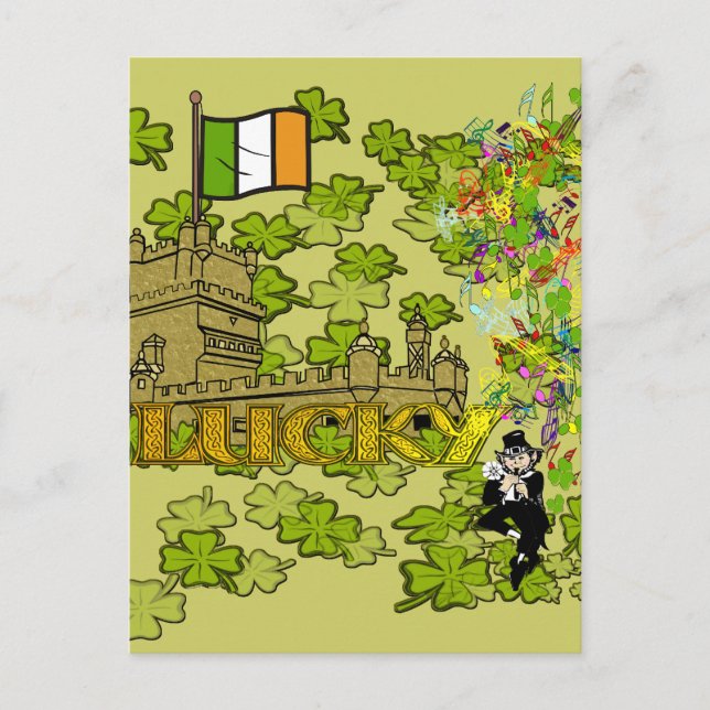 Postal Lucky Leprechaun y su castillo irlandés (Anverso)