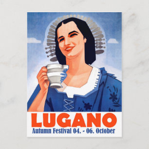 Postal Lugano, festival de otoño. Mujer con taza de té