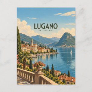 Postal Lugano Suiza Arte de Viaje Vintage