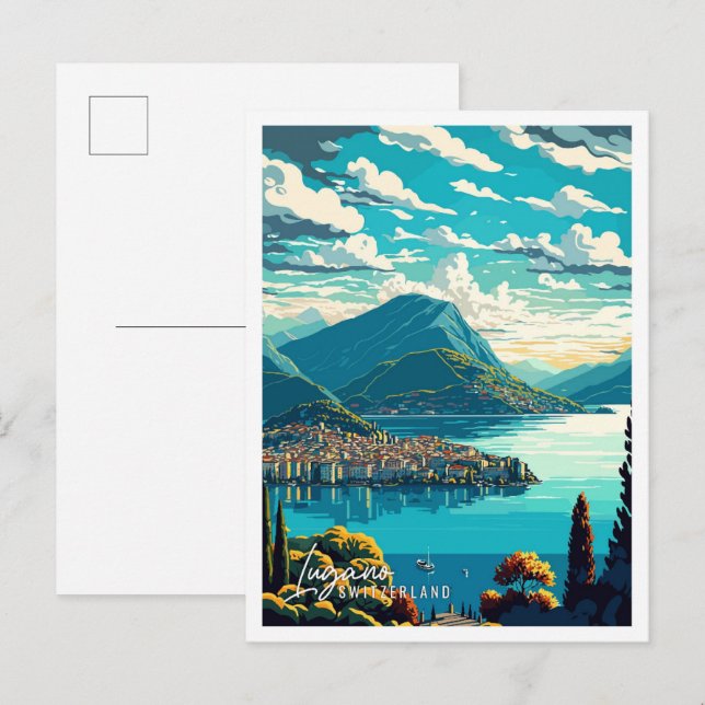 Postal Lugano Suiza ilustracion de viajes artísticos vint (Anverso / Reverso)